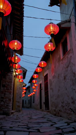 charming alleyway with red lanterns at night