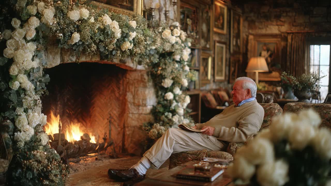A Cozy Living Room Scene by the Fireplace: Capturing a Peaceful Moment of Relaxation with Floral Decor and Warm Ambiance