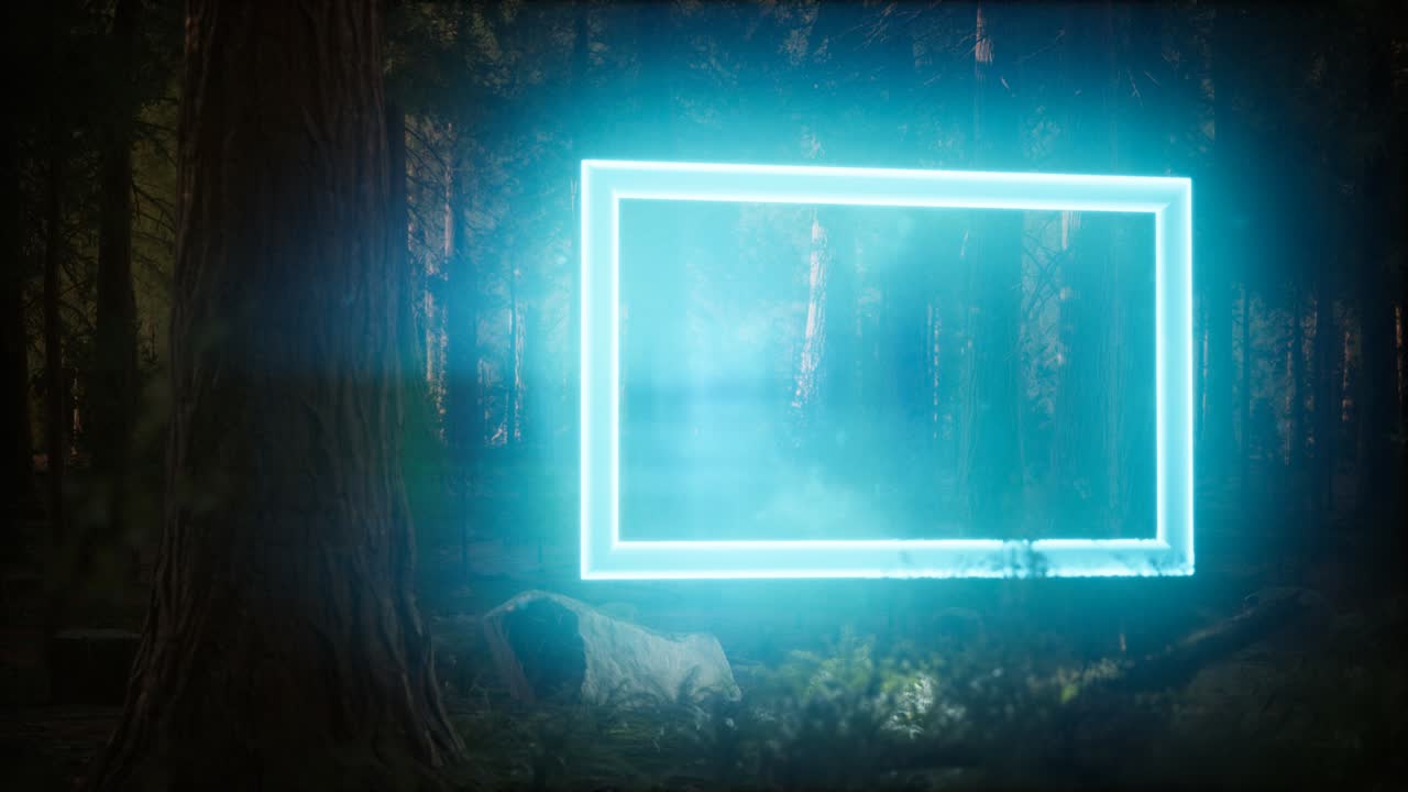 Neon glowing rectangle frame in the night forest