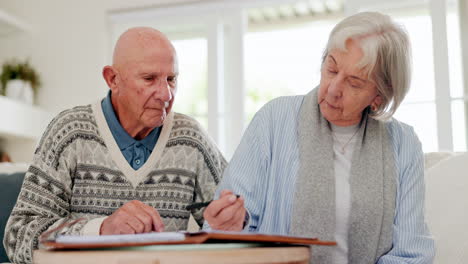 senior couple, sign documents and insurance