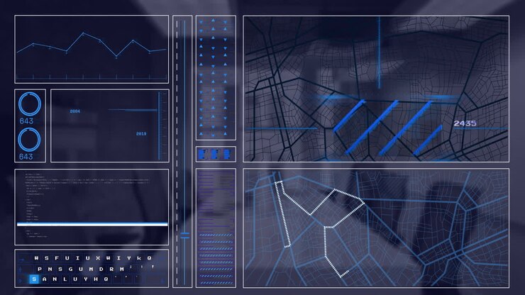 Animation of financial data processing over desk in office