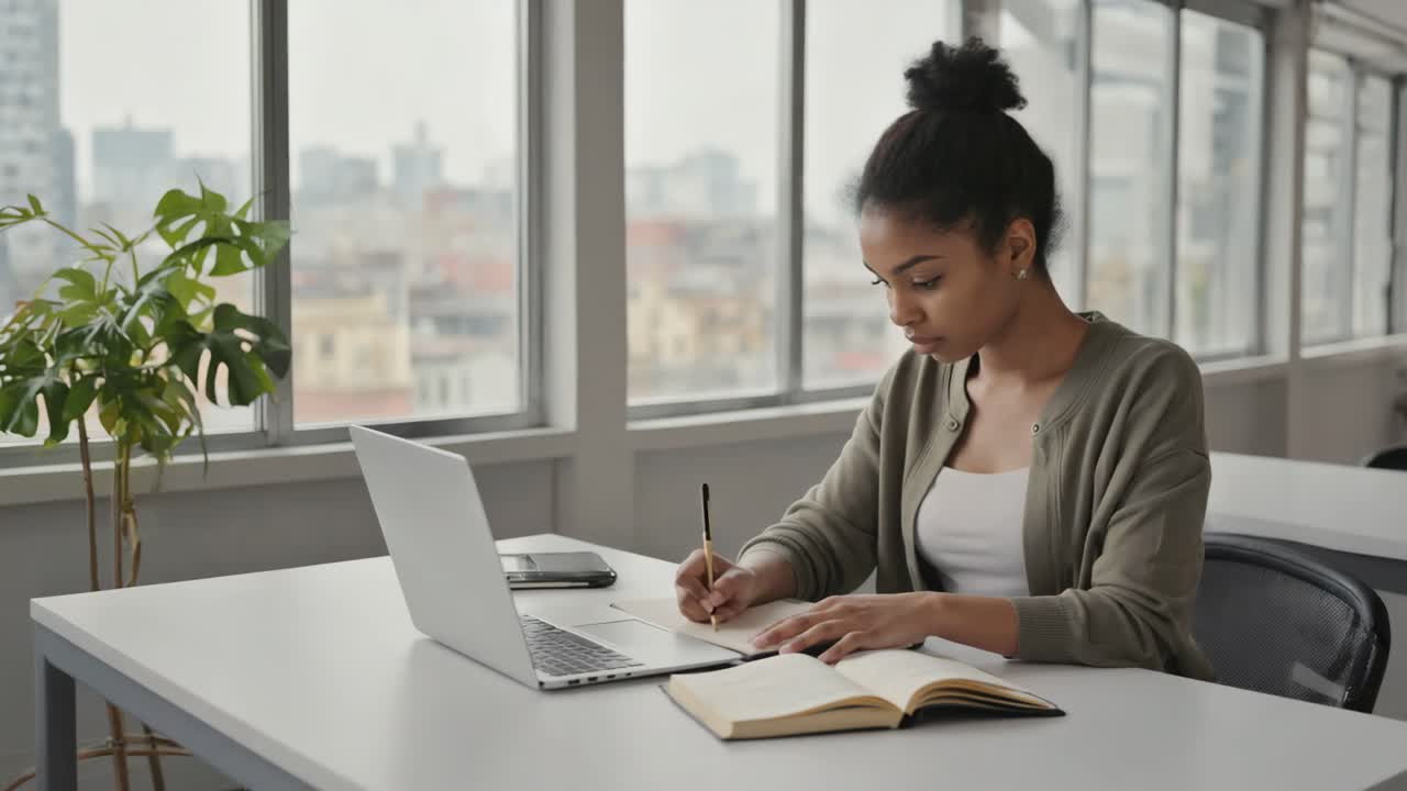 Woman studying with laptop in office