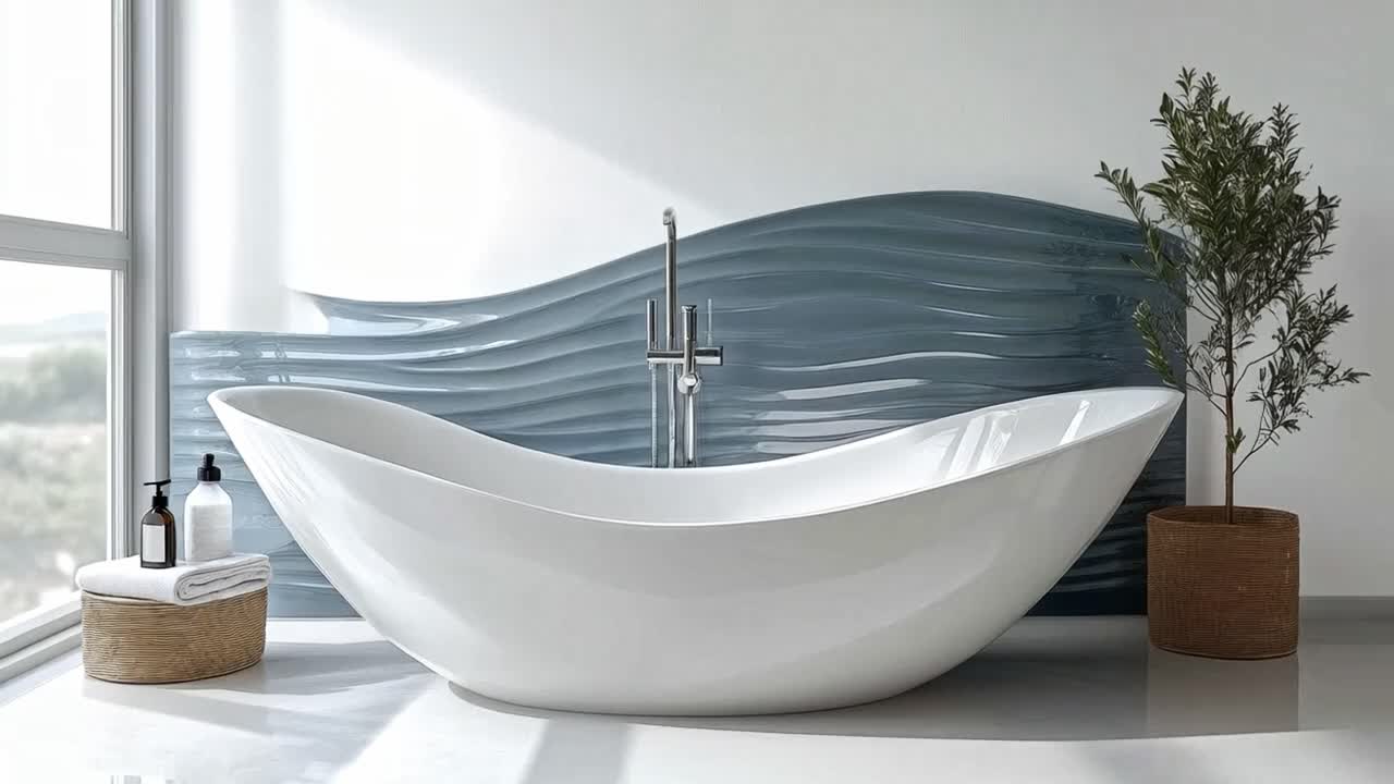 Modern Bathroom with Freestanding Bathtub and Wavy Blue Wall