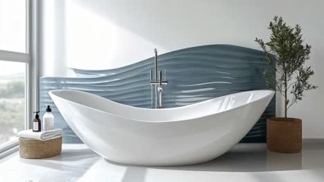 modern bathroom with freestanding bathtub and wavy blue wall
