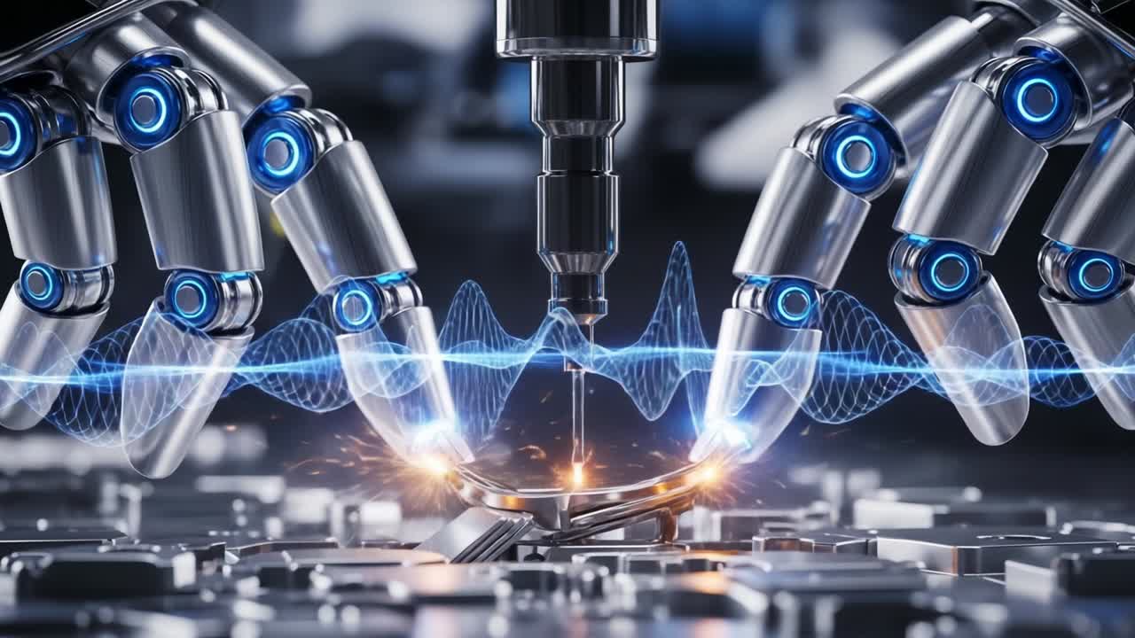 Innovative Robotic Arms Interacting with Advanced Technology, Creating Sparks and Precise Manipulations over Electronic Circuitry with a Glowing Orb, Showcasing the Future of Automation and Robotics