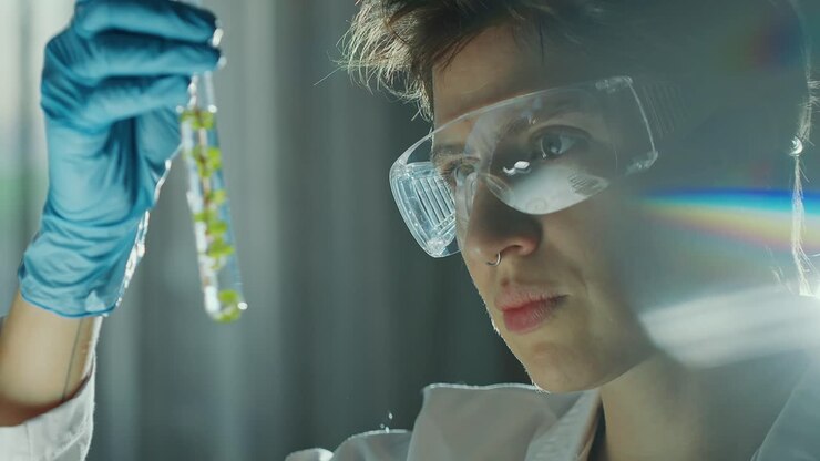 Cientista Examinando Plantas em Tubo de Ensaio