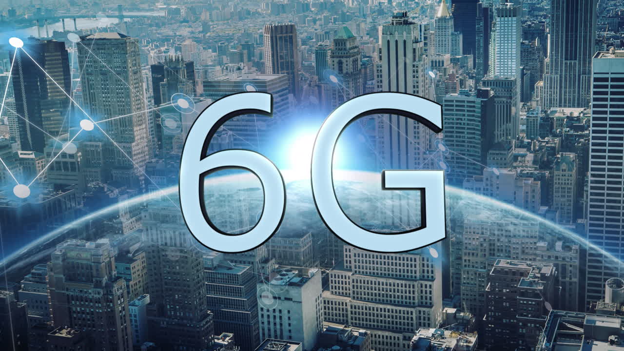 animazione di testo 6g, paesaggio urbano e globo