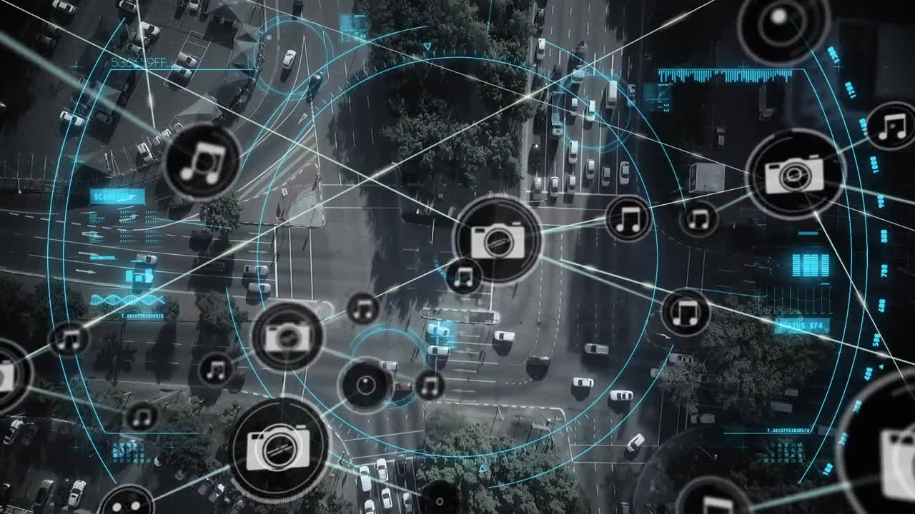 Animation of network of connections with icons over cityscape
