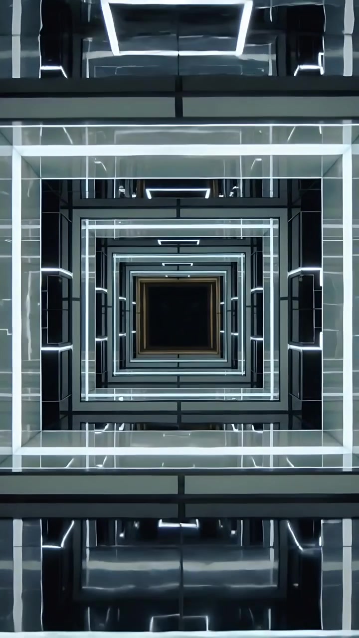 Video verticale: Telecamera in movimento che centra un tunnel quadrato nell'atrio e si stabilizza, con cornici LED.