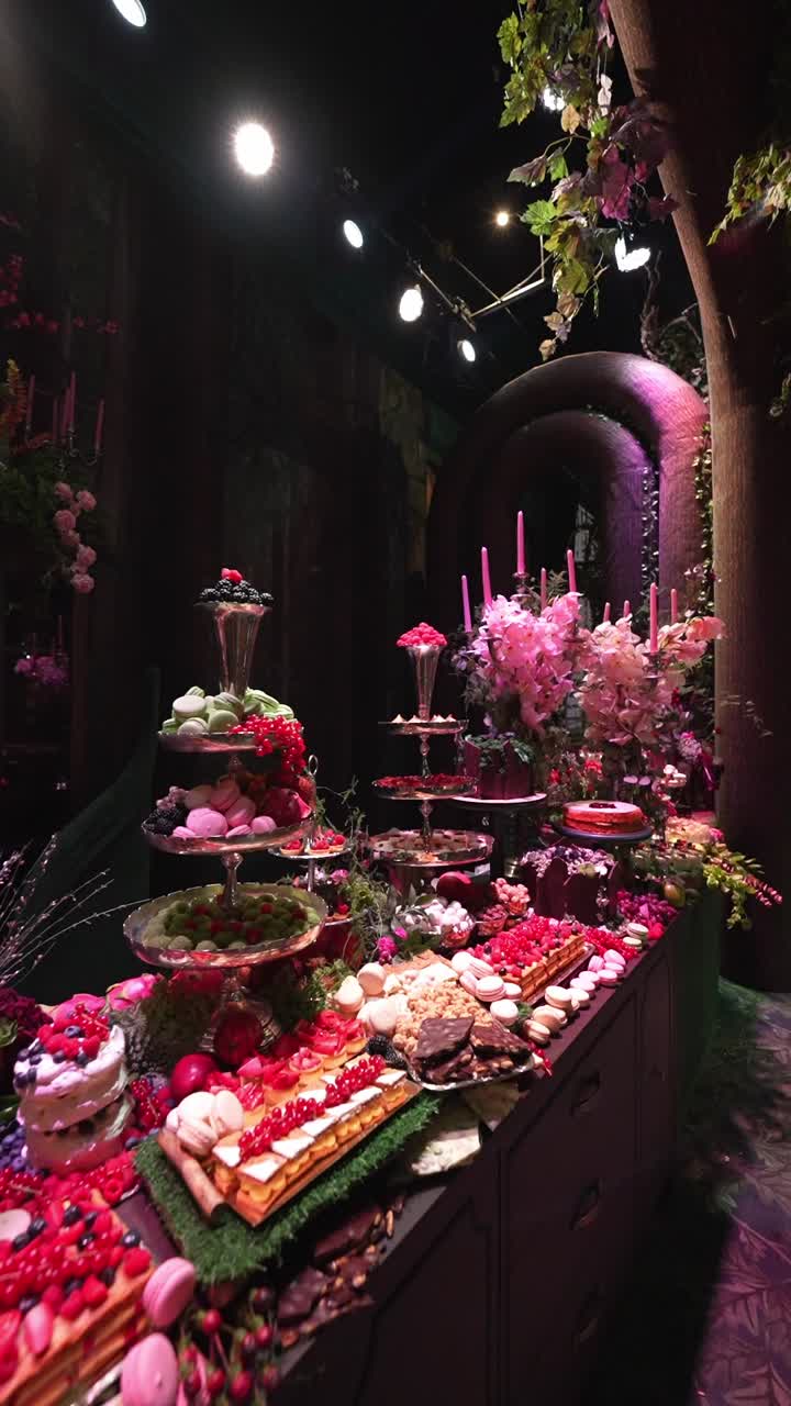 A table decorated with flowers contains different dessert plates, wide shot,trucking shot