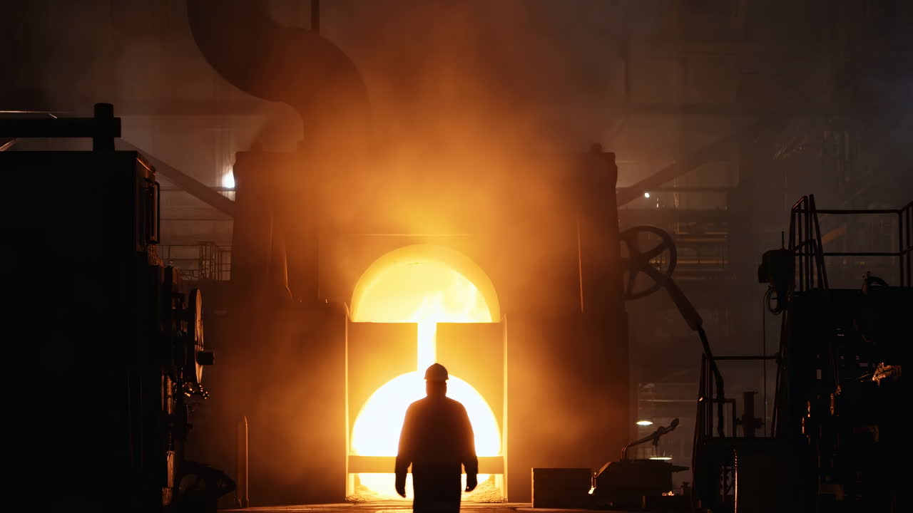 Sagoma di lavoratore che cammina verso l'ingresso incandescente di una fornace, luce arancione drammatica, vapore e fumo intensi