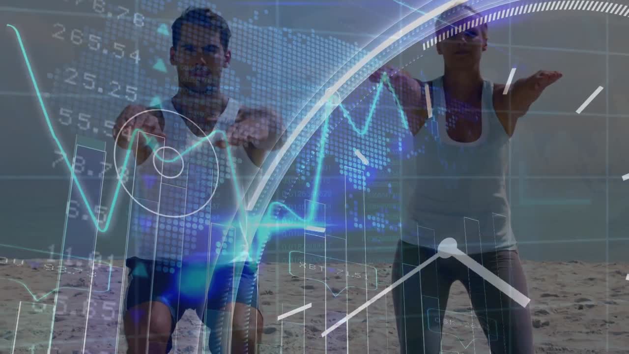 animación de procesamiento de datos y reloj móvil sobre pareja caucásica haciendo ejercicio en la playa