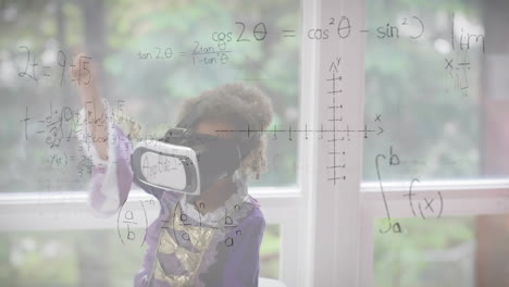 animación de dibujos matemáticos y ecuaciones sobre el niño que usa auriculares vr