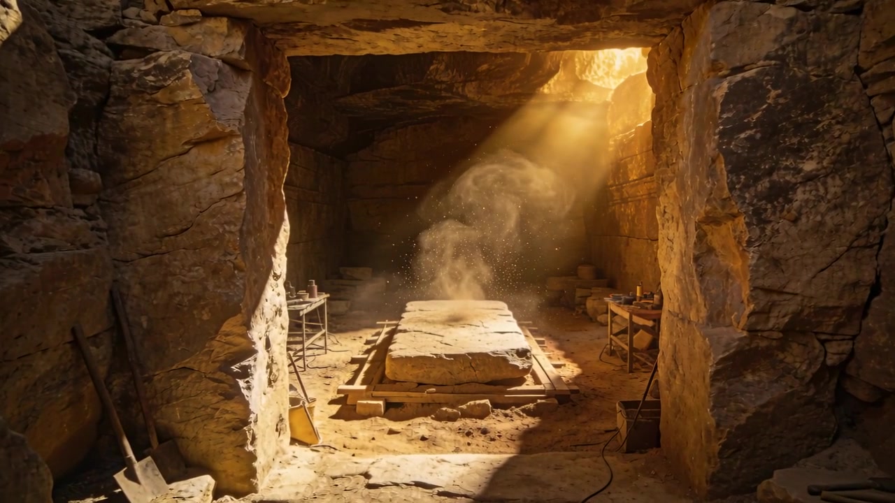 Raggio di sole che entra, sollevando la polvere in una colonna a spirale sopra una lastra di pietra su supporti, in una camera scolpita.