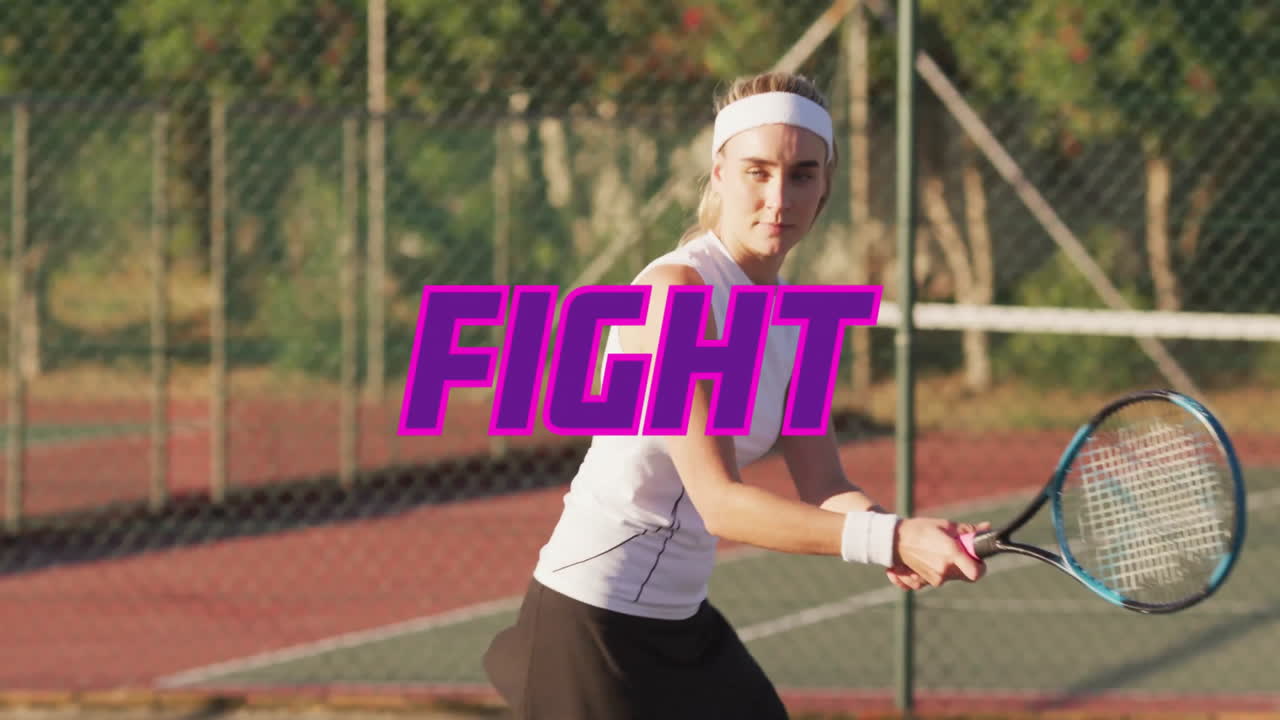 Tennis player on court with FIGHT text animation in bold purple letters