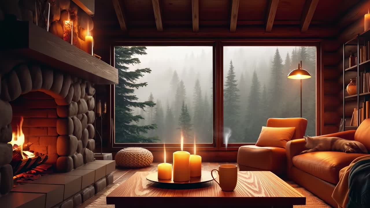 Cozy cabin interior with a warm fireplace, wide-angle view, perfect for a relaxing video