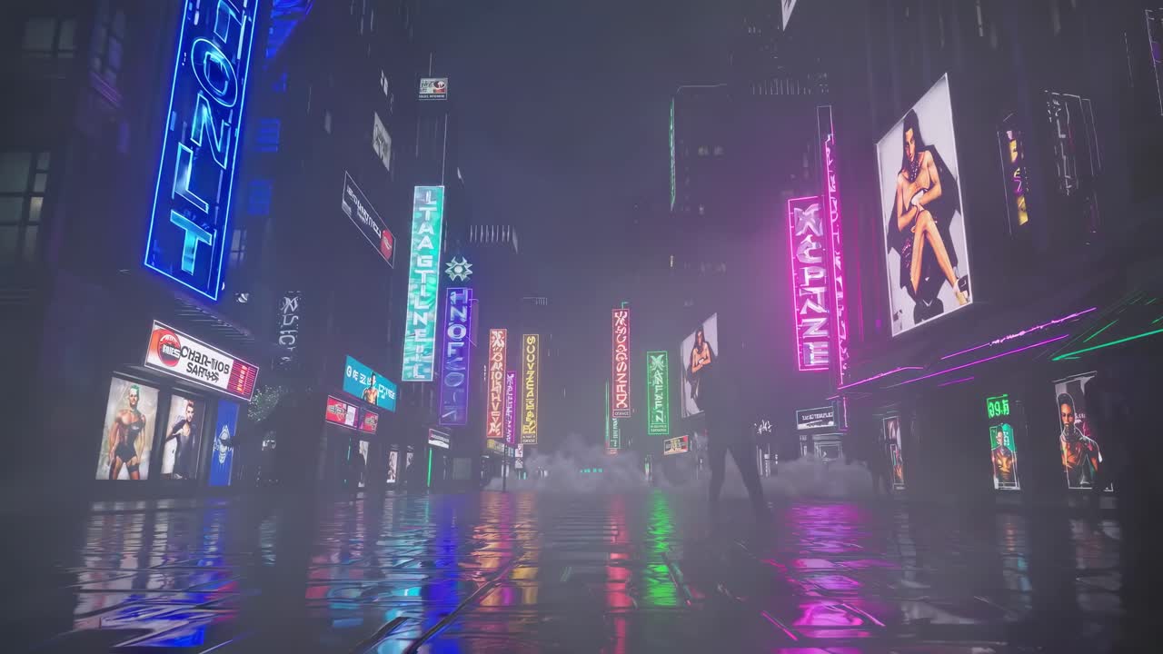 Un plano contrapicado de una calle iluminada con luces de neón con coloridas vallas publicitarias y niebla, creando un ambiente futurista