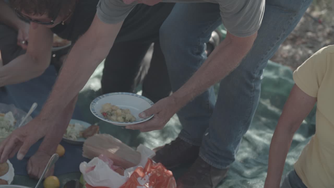 Persone che si godono un picnic nel prato sotto l'albero.