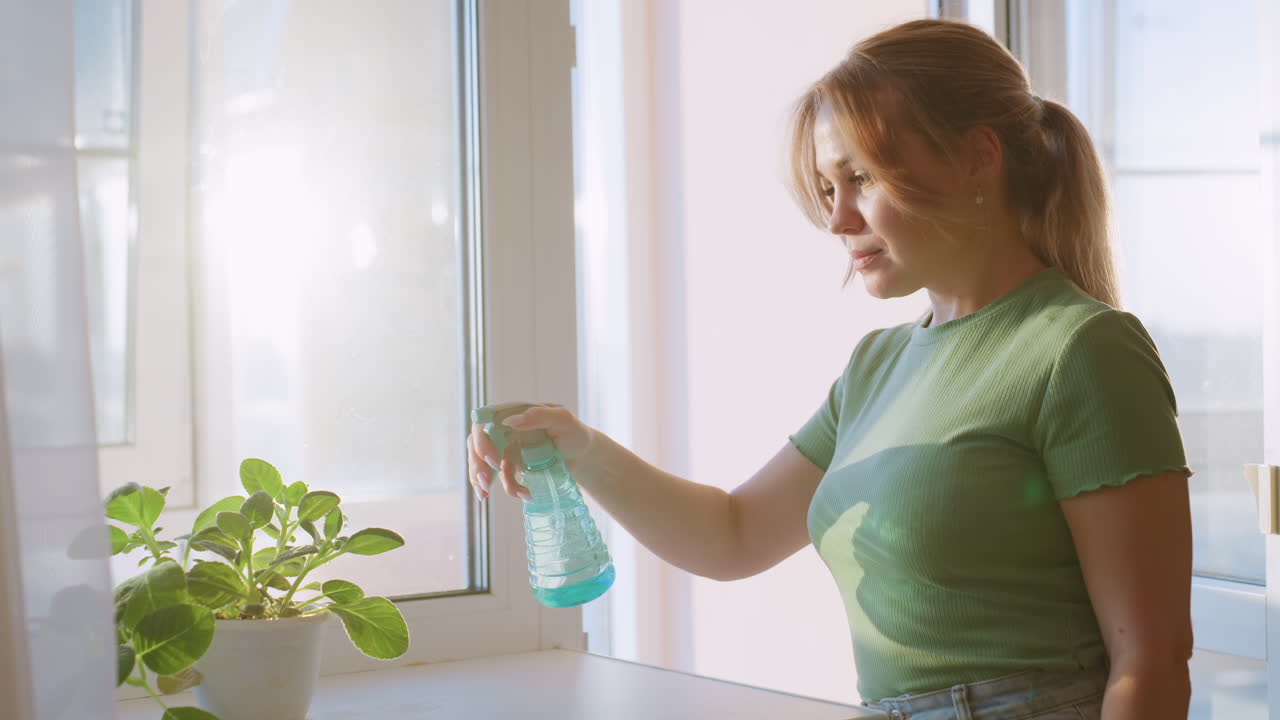 Lady waters indoor decorative plant with spray bottle while standing near window in bright sunlight, showing care for green leaves, indoor gardening