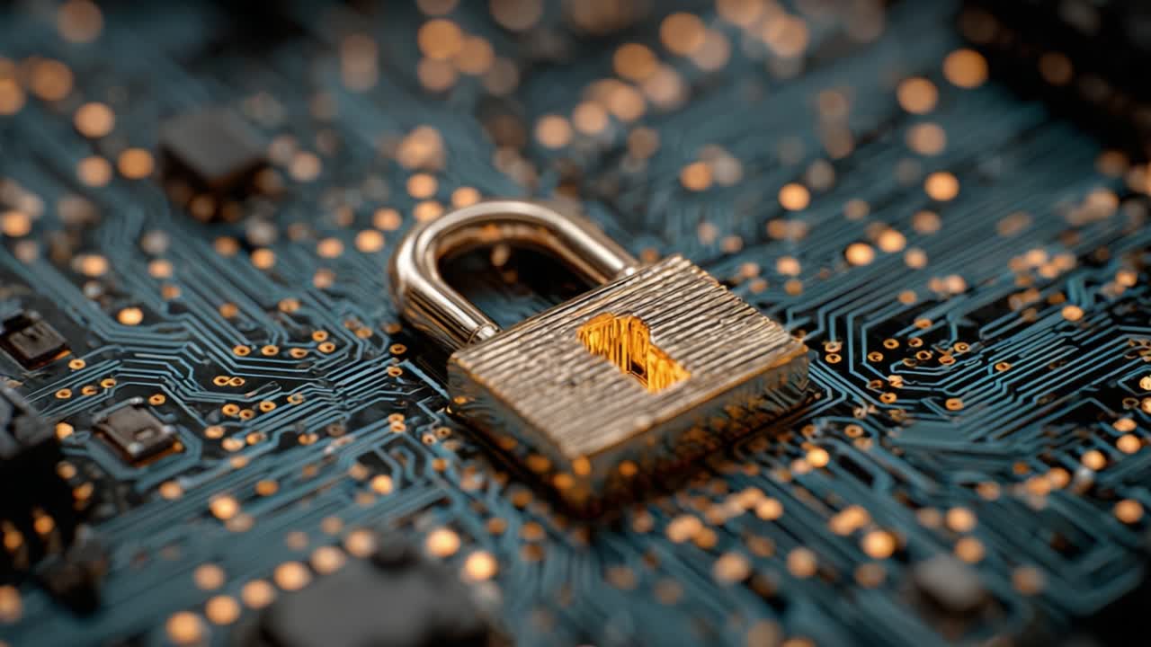 A Close-Up View of a Secure Lock on a Complex Circuit Board, Showcasing the Intersection of Digital Security and Technology with Intricate Patterns and Details