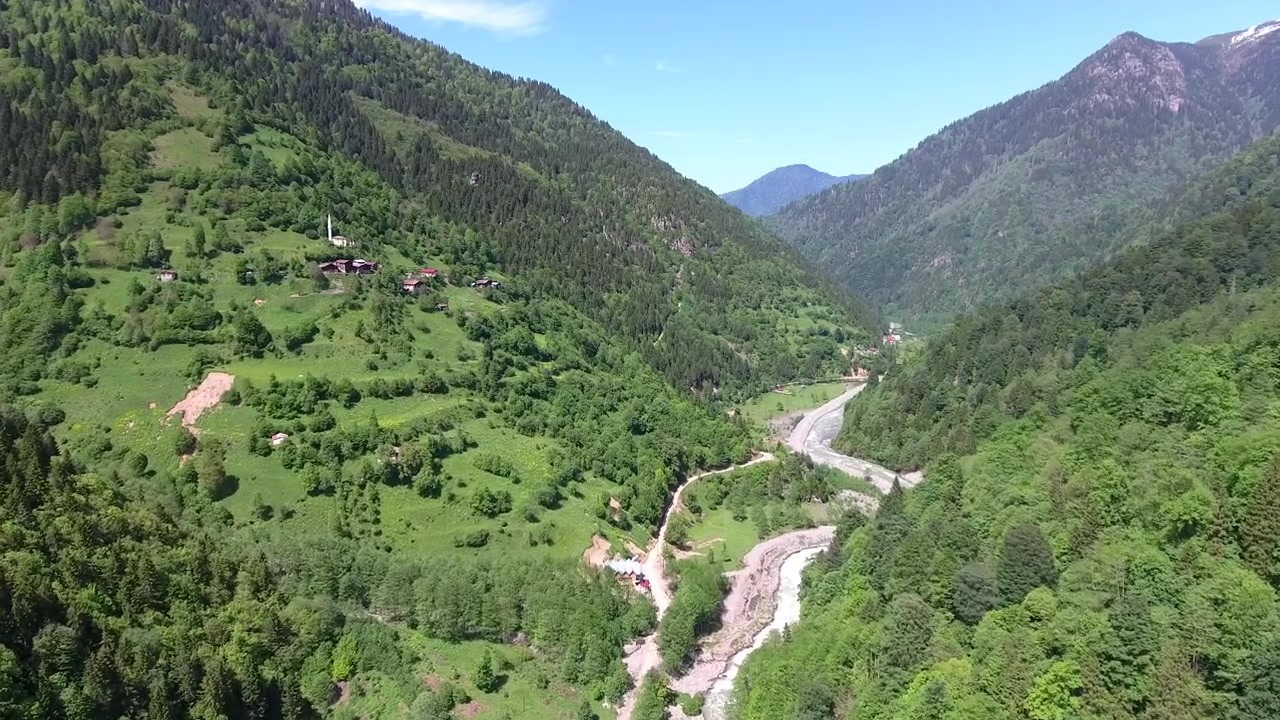 Vista aerea di una valle di montagna verde lussureggiante con un fiume serpeggiante
