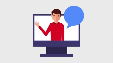 joven de dibujos animados agitando la mano en el monitor de la computadora
