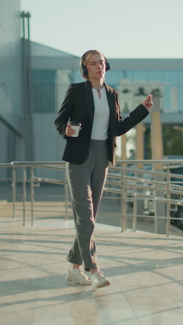 Woman holding beverage dancing joyfully to music outdoors with parked cars and another car driving out in background near glass office buildings and metallic railings in bright morning light