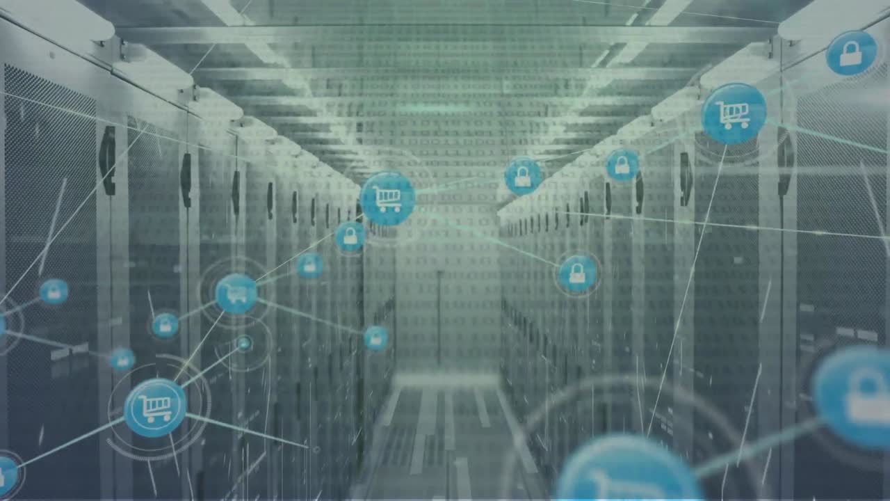 아이콘을 가진 네트워크의 애니메이션과 컴퓨터 서버를 통해 데이터 처리