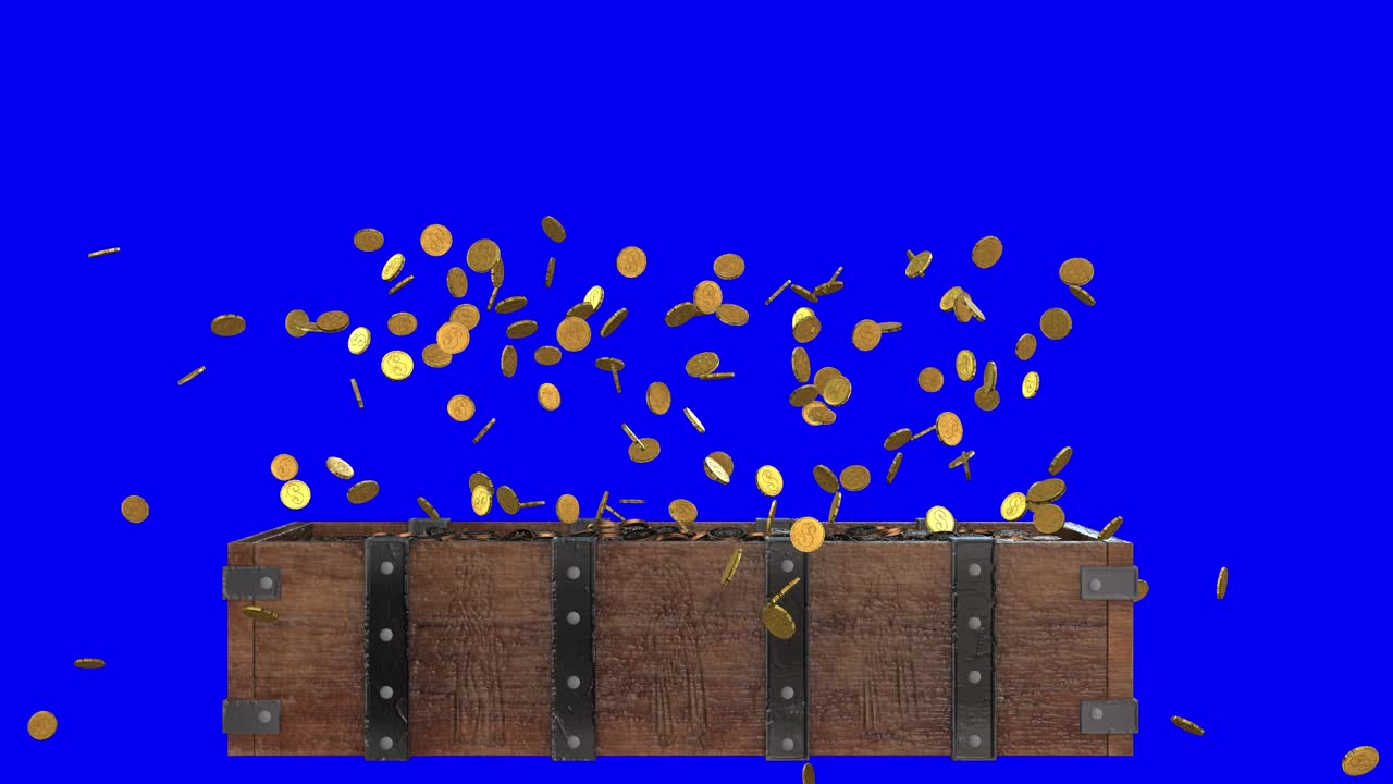 Glowing gold coins thrown out of an open wooden treasure chest and falling down on blue screen 3D animation front view