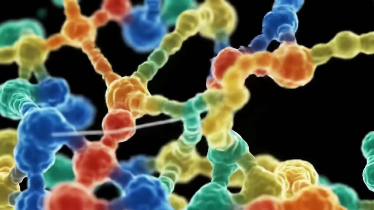 A colorful representation of molecular structures showcases intricate connections and formations. This visualization captures the beauty of science as it explores the building blocks of matter.