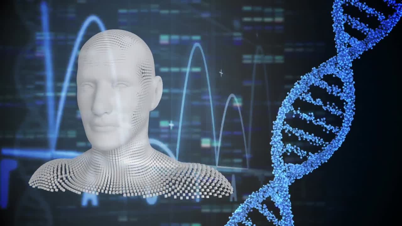 Busto umano in movimento con elica di DNA