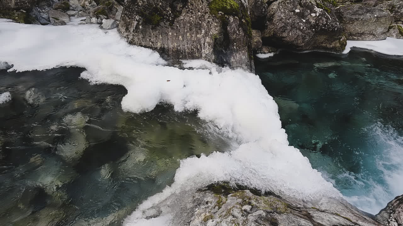 vista de un río congelado y una pequeña cascada en noruega - panorámica a la derecha