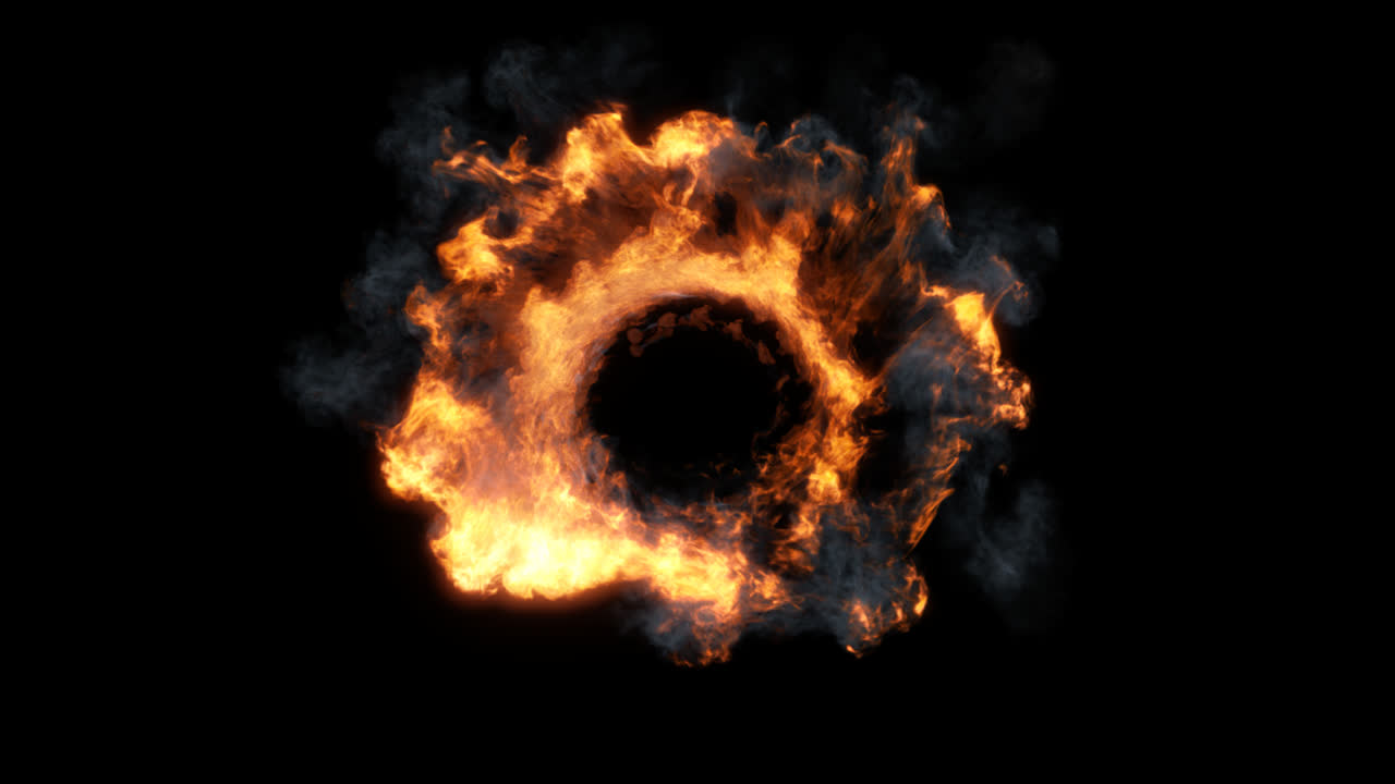 Dynamic Fiery Ring Explosion with Smoke on Black Background