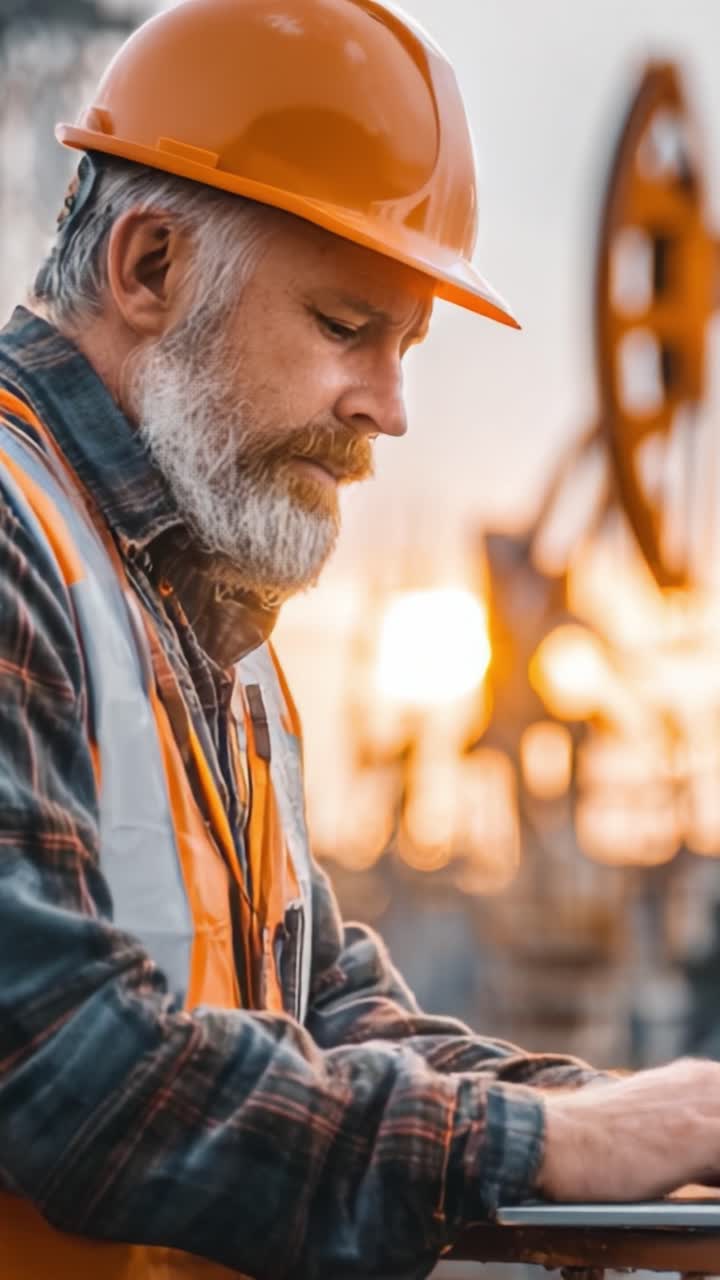 Focused Worker in Safety Gear at Dusk: Reflecting Determination and Experience in a Construction Environment with Equipment in the Background