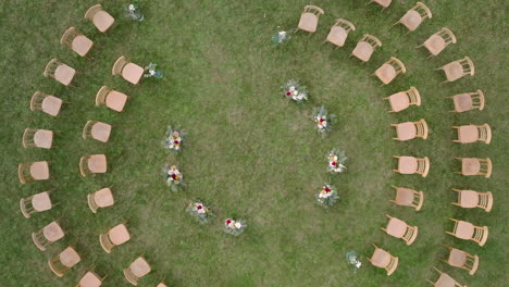 Circle-In-The-Round-Wedding-Ceremony-Seating-Arrangement,-AERIAL-TOP-DOWN