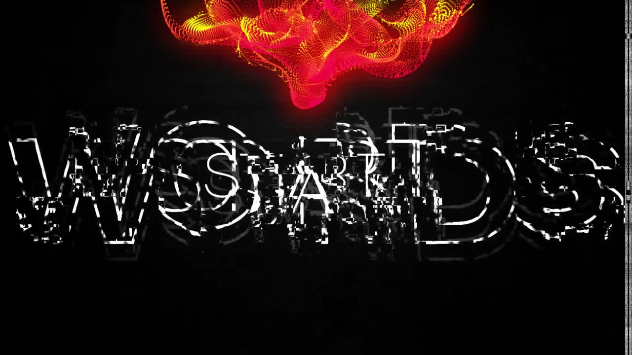 START text animation over glitch effect and red abstract shape on black background