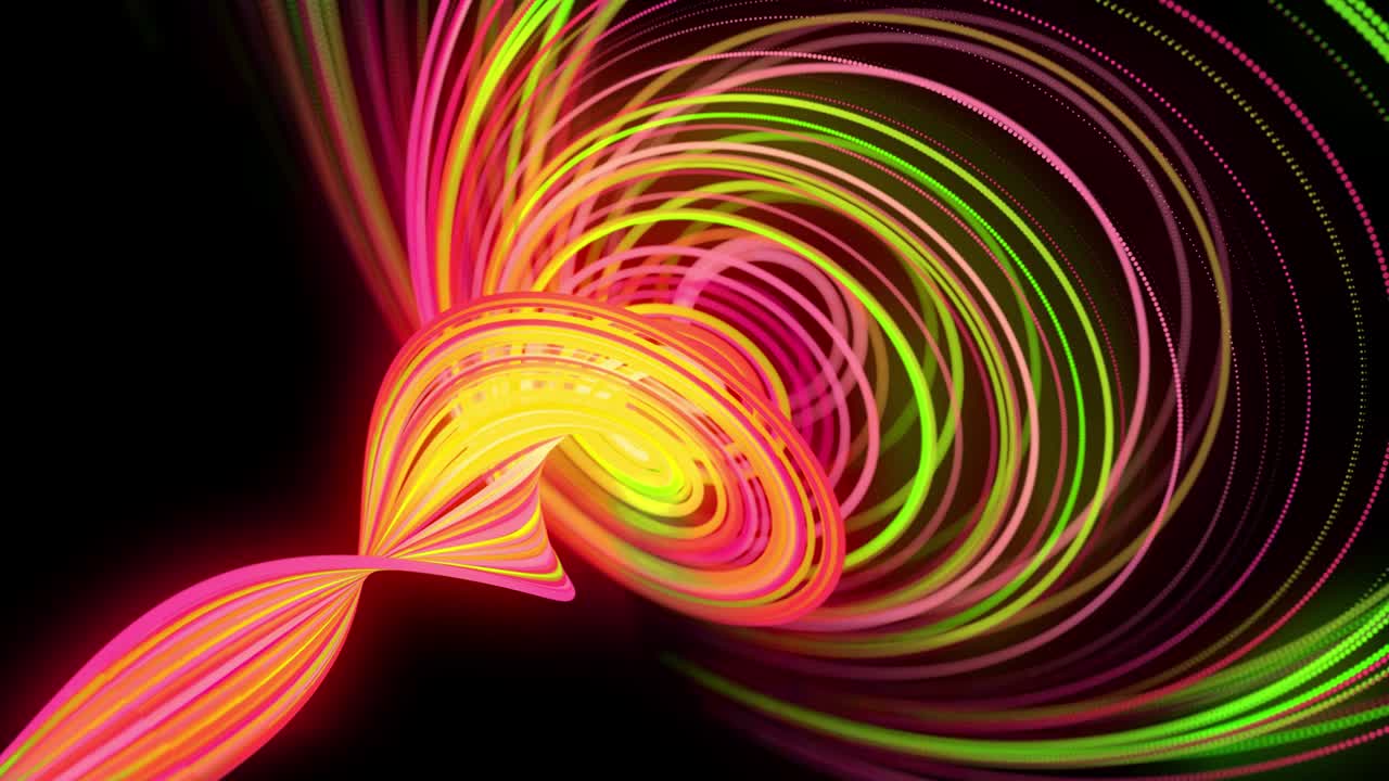 빛의 흐름: 4k에서 추상적인 루프 배경, 빛의 흔적, 공간에서 녹색, 빨간색, 노란색, 네온 선의 흐름은 나선형 모양을 형성하기 위해 움직입니다.
