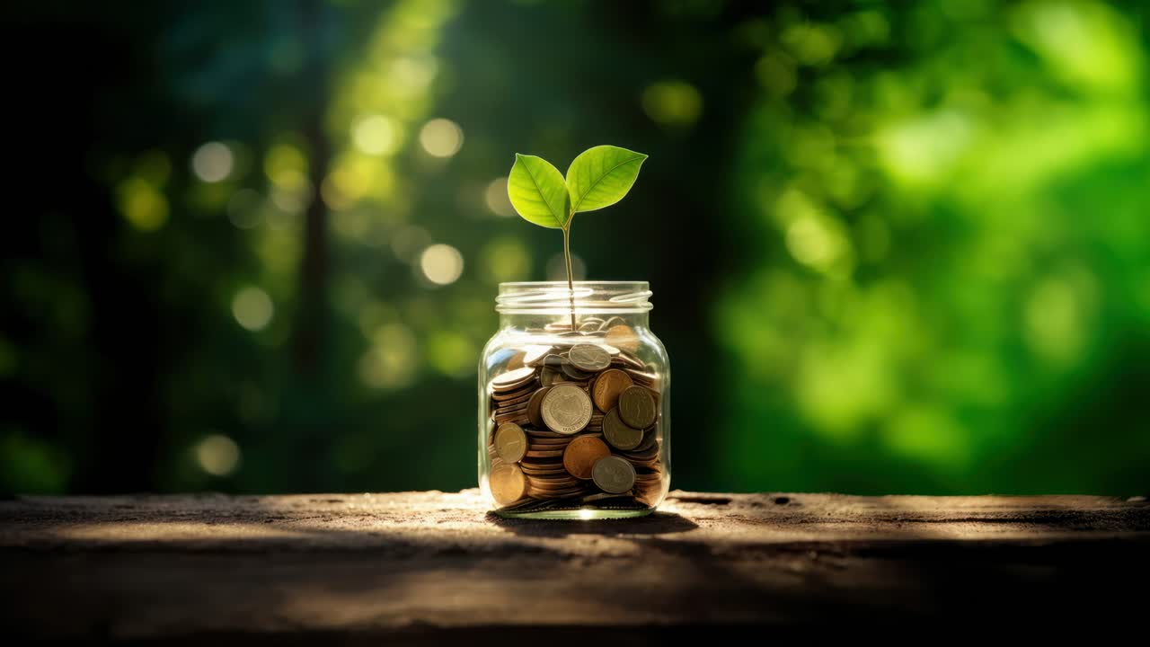 A close-up shot of a jar filled with coins and a sprouting plant, symbolizing growth and investment