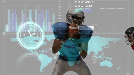 animation of digital screen over diverse male american football players