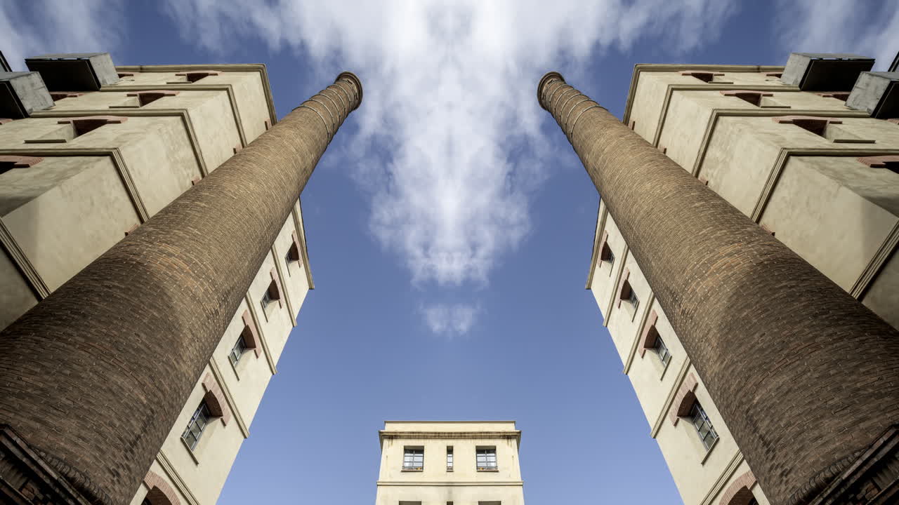 Old factory chimney and apartment buildings in barcelona made into abstract mirrored pattern