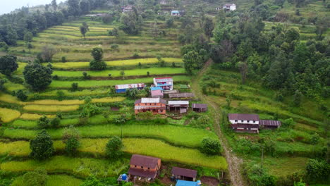 pueblo de nepal a lo largo de las terrazas de los campos agrícolas que ascienden desde el aire