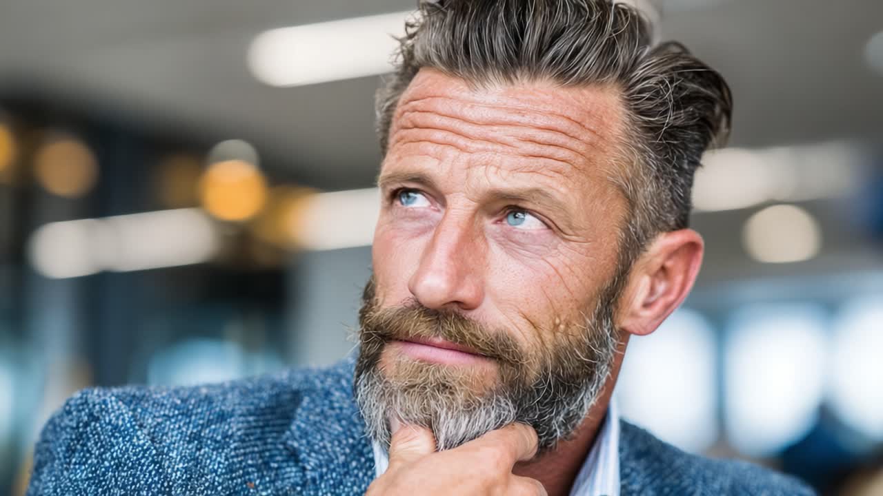 A Thoughtful Man in an Indoor Setting Reflects on Ideas with a Contemplative Expression and Stylish Appearance, Capturing a Moment of Introspection and Insight