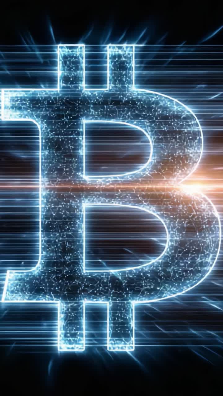 Una straordinaria rappresentazione della criptovaluta con il simbolo di Bitcoin in un formato digitale high-tech e luminoso su uno sfondo dinamico di luce e movimento