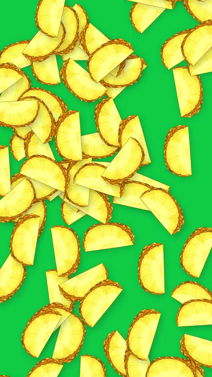 Yellow pineapple slices fall continuously in a vertical 2D animation over solid green backdrop.