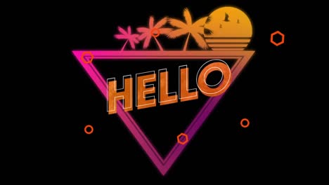 animation of hello text over a square with digital sunset