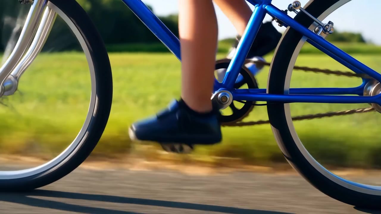 A blue bicycle moves along a paved path beside a green field, shown in close side view with the wheels, pedal, chain area, and a rider’s leg in motion. Bright