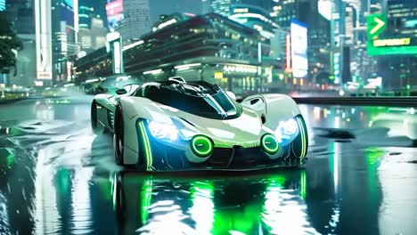 Un coche futurista conduciendo por una ciudad de noche.