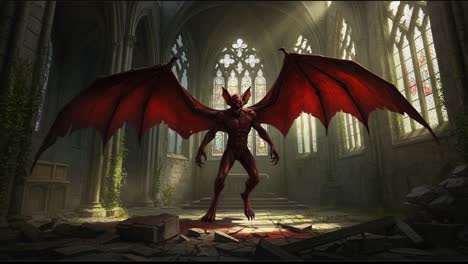 a menacing creature with enormous red wings stands in the gloom of an ancient cathedral, illuminated by shafts of light filtering through stained glass windows, evoking a sense of awe and dread