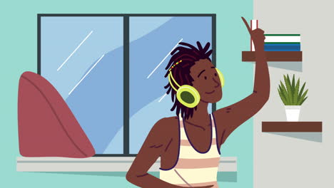 joven afro escuchando música en la casa