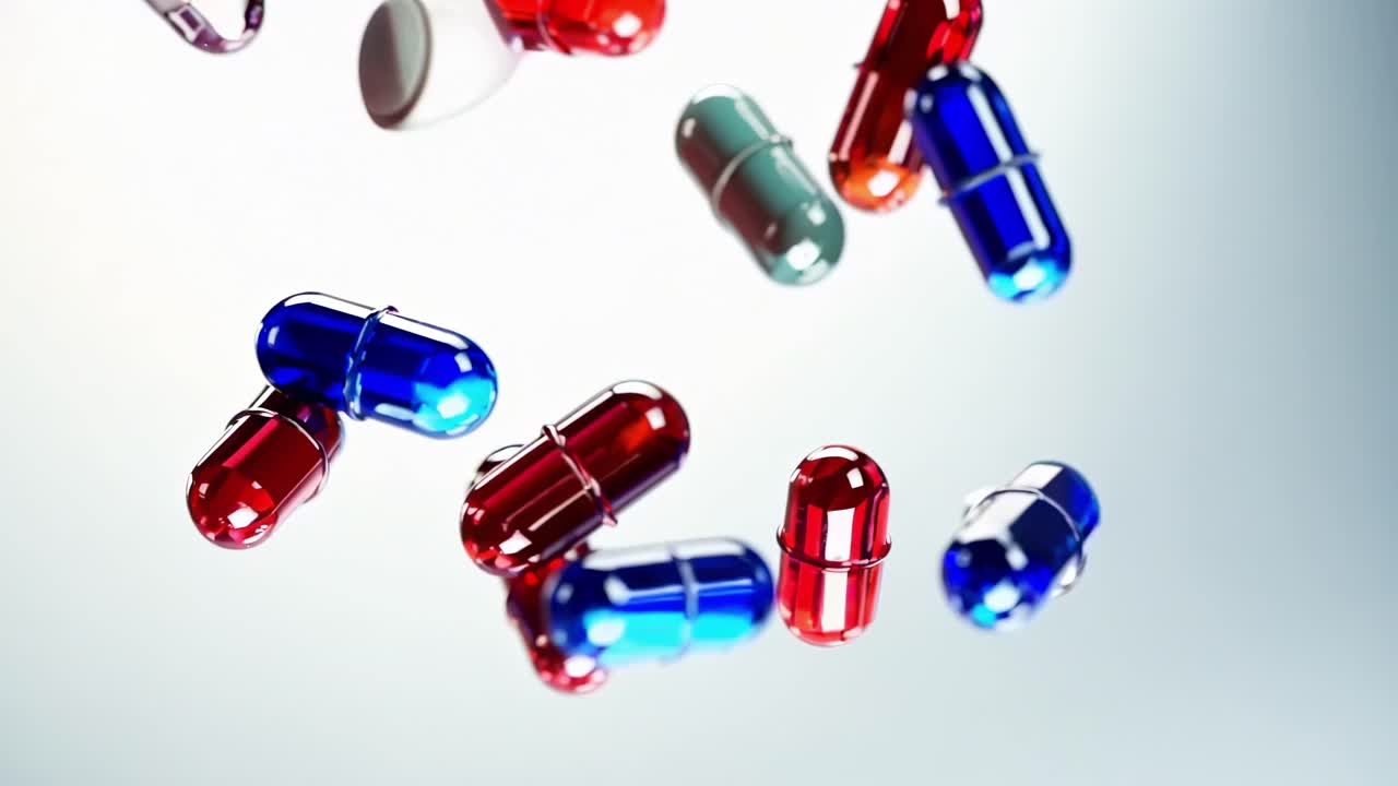 Dynamic video of colorful capsules floating mid-air, captured from a low-angle